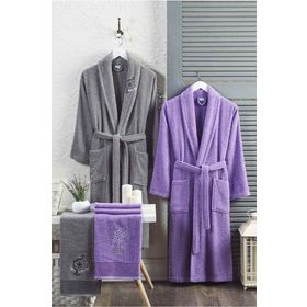 Elmira Textile 4 Parça Gri Lavanta Kadın Erkek Havlulu Bornoz Takımı