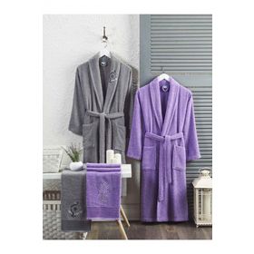Elmira Textile 4 Parça Gri Lavanta Kadın Erkek Havlulu Bornoz Takımı
