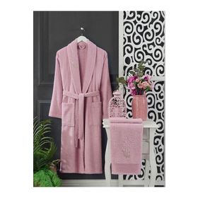 Elmira Textile 4 Parça Pembe Gri Kadın Erkek Havlulu Bornoz Takımı