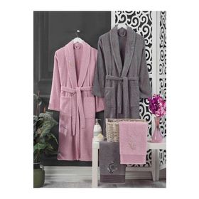 Elmira Textile 4 Parça Pembe Gri Kadın Erkek Havlulu Bornoz Takımı