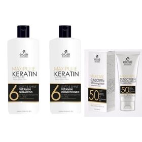 Elose Maxipure Keratin 1000 ml Tuzsuz Saç Bakım Şampuanı + Elose Maxipure Keratin 1000 ml Saç Bakım Kremi + Maxicare Spf 50+ Çok Güçlü 100 gr Güneş Koruma Kremi