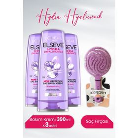 Elseve Hydra Hyaluronik 3 Adet 390 ml Saç Bakım Kremi ve Tarko Lionesse Yuvarlak Mor Saç Fırçası