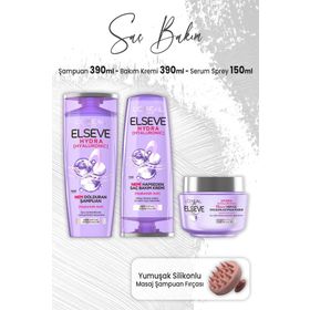 Elseve Hydra Hyaluronik Şampuan 390 ml Krem 390 ml Maske 300 ml ve Pembe Masaj Şampuan Fırçası