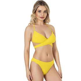 Endeep EP22061 Kadın Çapraz Model Dokulu Sarı Bikini Takımı