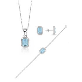 Enesstore 925 Ayar Aquamarin Taşlı Baget Gümüş Kolye Küpe Bileklik Set