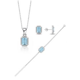 Enesstore 925 Ayar Aquamarin Taşlı Baget Gümüş Kolye Küpe Bileklik Set