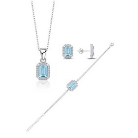 Enesstore 925 Ayar Aquamarin Taşlı Baget Gümüş Kolye Küpe Bileklik Set