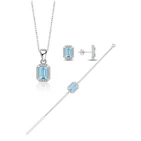 Enesstore 925 Ayar Aquamarin Taşlı Baget Gümüş Kolye Küpe Bileklik Set