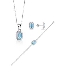Enesstore 925 Ayar Aquamarin Taşlı Baget Gümüş Kolye Küpe Bileklik Set