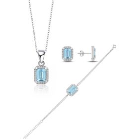 Enesstore 925 Ayar Aquamarin Taşlı Baget Gümüş Kolye Küpe Bileklik Set
