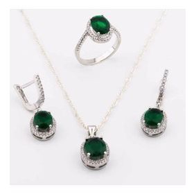 Enesstore 925 Ayar Gümüş Yeşil Zirkon Taşlı Yuvarlak model Bayan Set