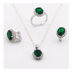 Enesstore 925 Ayar Gümüş Yeşil Zirkon Taşlı Yuvarlak model Bayan Set
