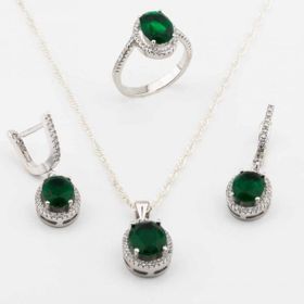 Enesstore 925 Ayar Gümüş Yeşil Zirkon Taşlı Yuvarlak model Bayan Set
