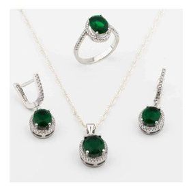 Enesstore 925 Ayar Gümüş Yeşil Zirkon Taşlı Yuvarlak model Bayan Set