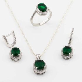 Enesstore 925 Ayar Gümüş Yeşil Zirkon Taşlı Yuvarlak model Bayan Set