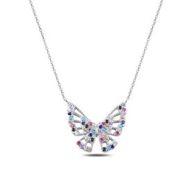 Enesstore REWQ273 Renkli Zirkon Taşlı Kelebek Gümüş Kolye