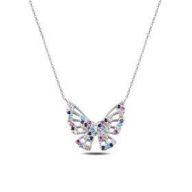 Enesstore REWQ273 Renkli Zirkon Taşlı Kelebek Gümüş Kolye