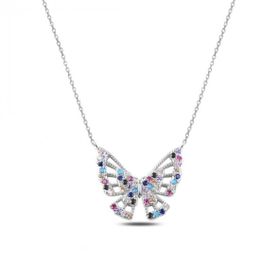 Enesstore REWQ273 Renkli Zirkon Taşlı Kelebek Gümüş Kolye