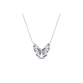 Enesstore REWQ273 Renkli Zirkon Taşlı Kelebek Gümüş Kolye