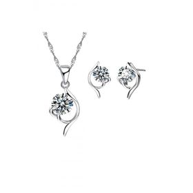 Enesstore REWQ51 Zirkon Taşlı Gümüş Kolye Küpe Set Takı Seti