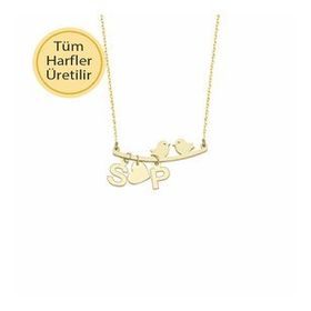 Engin Gold 14k Altın Harfli Kalp ve Kuş Sevgi Kolye