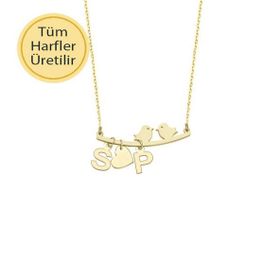 Engin Gold 14k Altın Harfli Kalp ve Kuş Sevgi Kolye