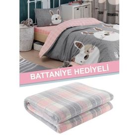 Eponj Home 140x220 cm Junior Tavşancık Açık Kahve Gri Pembe Tek Kişilik Nevresim Seti