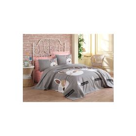 Eponj Home Baskılı Tavşancık Açık Kahve Gri Pembe Çift Kişilik Pike Takımı