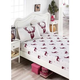 Eponj Home EP-017294 Bordo Geyik Pes Lastikli Çift Kişilik Çarşaf Seti