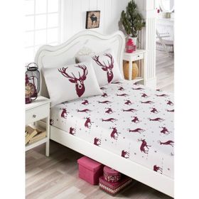 Eponj Home EP-017294 Bordo Geyik Pes Lastikli Çift Kişilik Çarşaf Seti