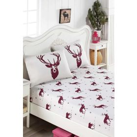 Eponj Home EP-017294 Bordo Geyik Pes Lastikli Çift Kişilik Çarşaf Seti