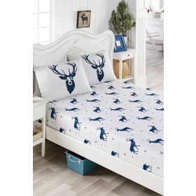 Eponj Home EP-017296 Lacivert Geyik Pes Lastikli Çift Kişilik Çarşaf Seti