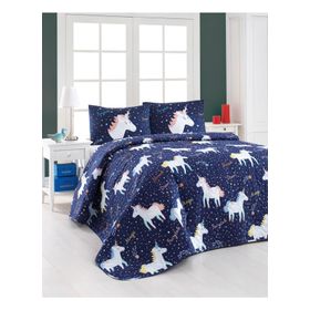 Eponj Home Kapitone Magic Unicorn Lacivert Çift Kişilik Yatak Örtüsü Seti