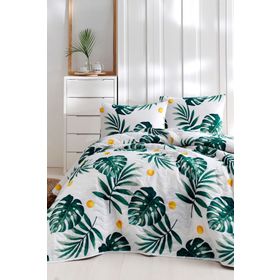 Eponj Home Kapitone Tek Kişilik Monstera Yeşil Yatak Örtüsü Seti