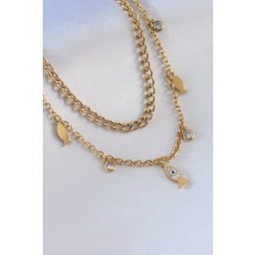 Erb 316l Çelik Gold Renk Zincir Model Balık Figür Zirkon Taşlı Kadın Kolye