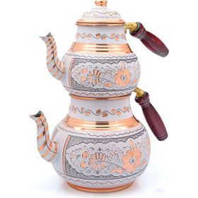 Eriza 2.85 lt İşlemeli İkili Kalaylı Kalın Bakır Çaydanlık Seti