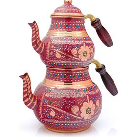 Eriza 2.85 lt İşlemeli İkili Kalaylı Kalın Bakır Çaydanlık Seti