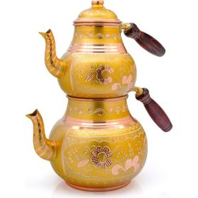 Eriza 2.85 lt İşlemeli İkili Kalaylı Kalın Bakır Çaydanlık Seti