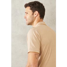 Erkek Çekmeyen Pamuklu Kumaş Regular Fit Geniş Kesim Vizon Kıvrılmaz Polo Yaka Cepli Tişört