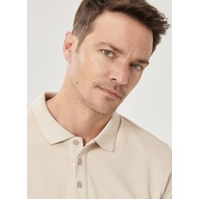 Erkek Çekmeyen Pamuklu Kumaş Slim Fit Dar Kesim Açık Bej-Beyaz Kıvrılmaz Polo Yaka Tişört