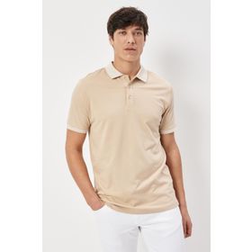 Erkek Çekmeyen Pamuklu Kumaş Slim Fit Dar Kesim Açık Bej-Beyaz Kıvrılmaz Polo Yaka Tişört