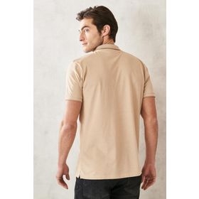 Erkek Çekmeyen Pamuklu Kumaş Slim Fit Dar Kesim Açık Bej-Beyaz Kıvrılmaz Polo Yaka Tişört