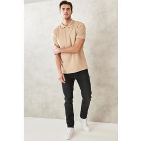 Erkek Çekmeyen Pamuklu Kumaş Slim Fit Dar Kesim Açık Bej-Beyaz Kıvrılmaz Polo Yaka Tişört