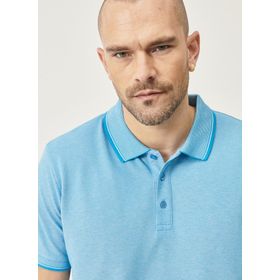 Erkek Çekmeyen Pamuklu Kumaş Slim Fit Dar Kesim Saks-Beyaz Kıvrılmaz Polo Yaka Tişört