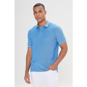 Erkek Çekmeyen Pamuklu Kumaş Slim Fit Dar Kesim Saks-Beyaz Kıvrılmaz Polo Yaka Tişört
