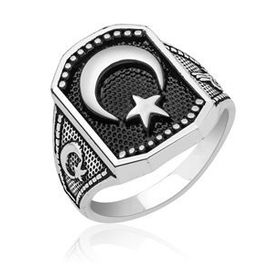 Ervanur ENG5858114 Ay Yıldız Bayrak Gümüş Kaplama Erkek Yüzük