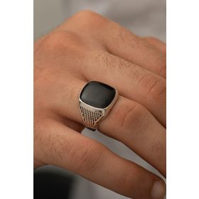 Ervanur ENG5858120 Siyah Mineli Kare Gümüş Kaplama Erkek Yüzük
