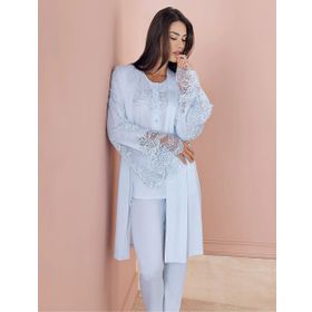 Espuar 757 3'lü Beyaz Penye Kadın Sabahlık Pijama Takımı