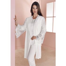 Espuar 757 3'lü Beyaz Penye Kadın Sabahlık Pijama Takımı