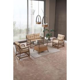 Evdemo Breda 2+1+1 Kahve Cam Masalı Rattan Örgü Bahçe Balkon Takımı